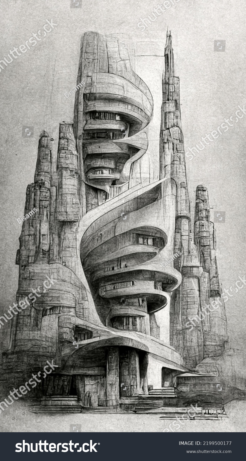 Futuristic Surreal Urban Modern Architecture Pencil Stock Illustration ...