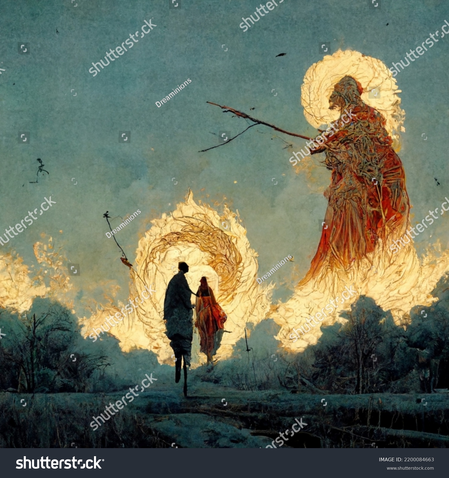 Man Woman Running Angel Flaming Sword Stock Illustration 2200084663 