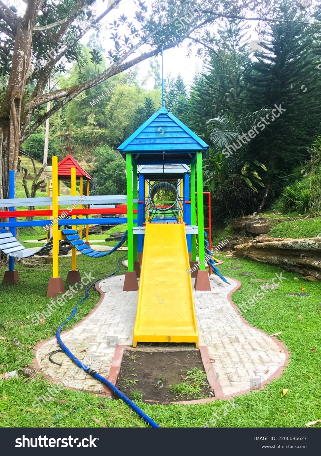 Modern Playground Equipment Modern Colorful Kids Stock Photo 2200096627   Stock Photo Modern Playground Equipment Modern Colorful Kids Playground On Yard In The Park Image For 2200096627 