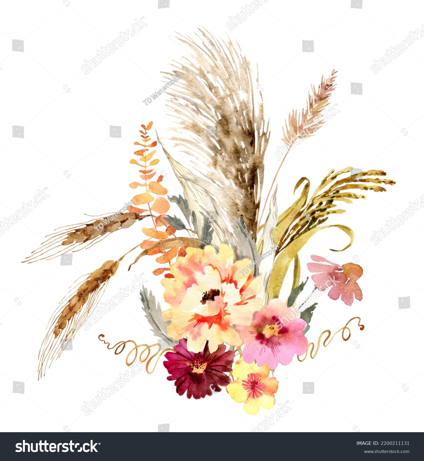 Wildflowers, Wheat Ears, Herbs Boho Border Painted In Watercolor Dried