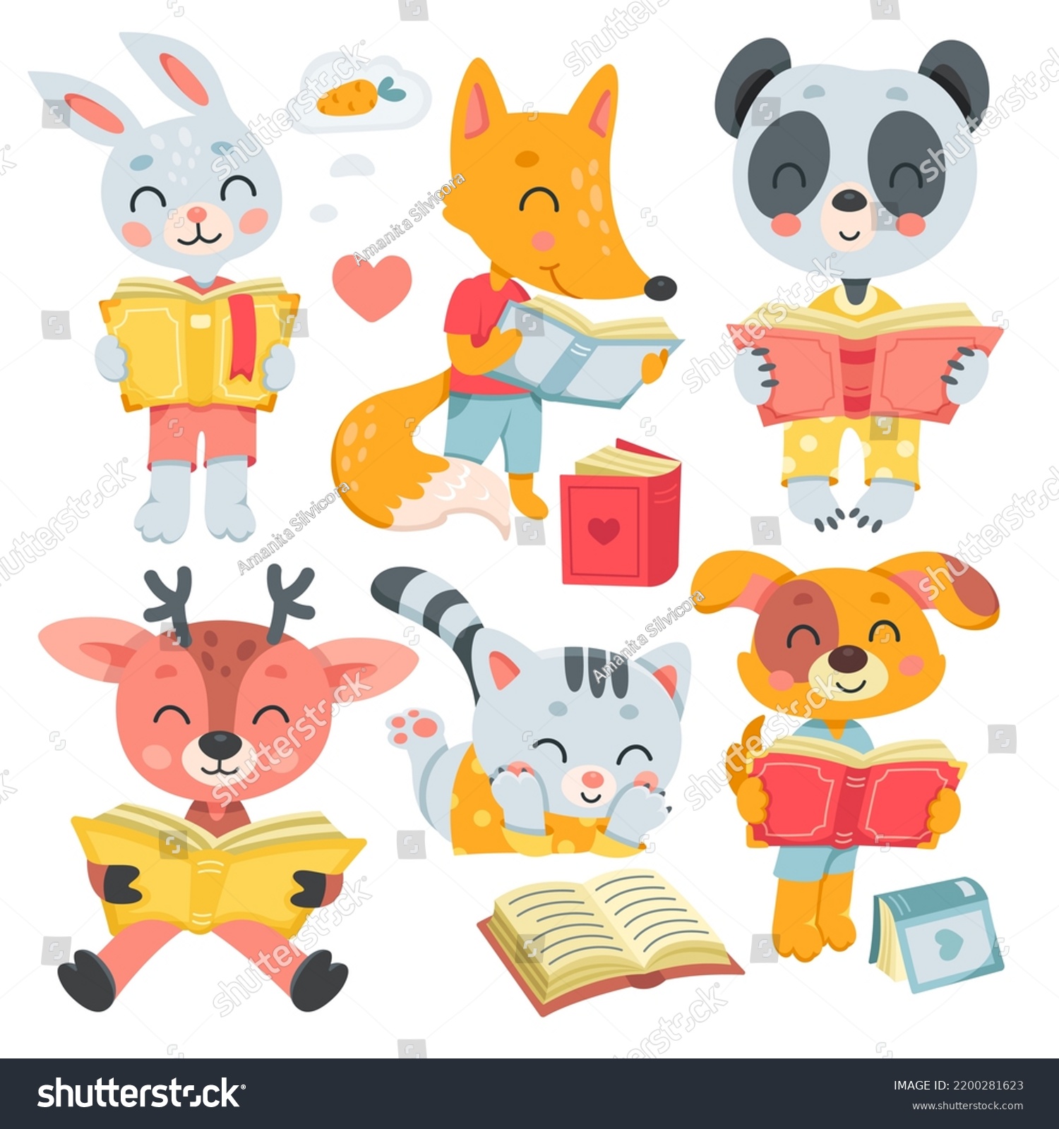 Cute Animals Read Books Set Vector Stock Vector (Royalty Free ...