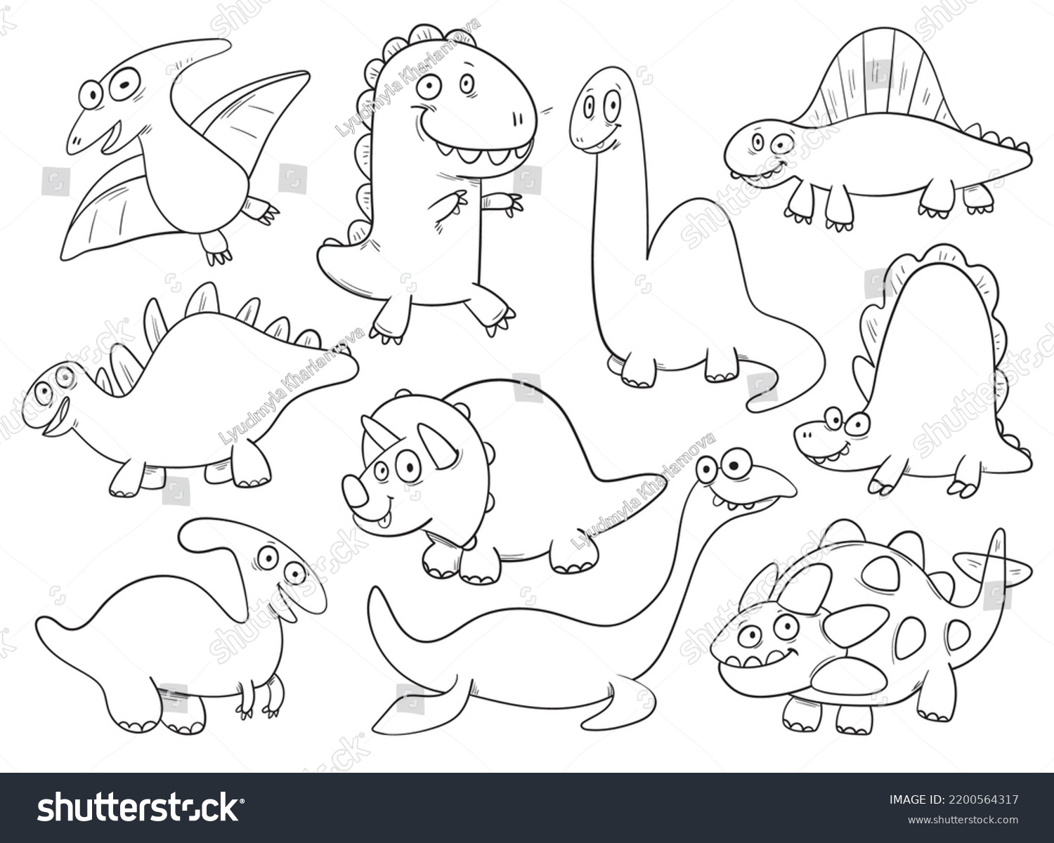 Set Cute Dinosaurs Black White Cartoon Stock Vector (Royalty Free ...