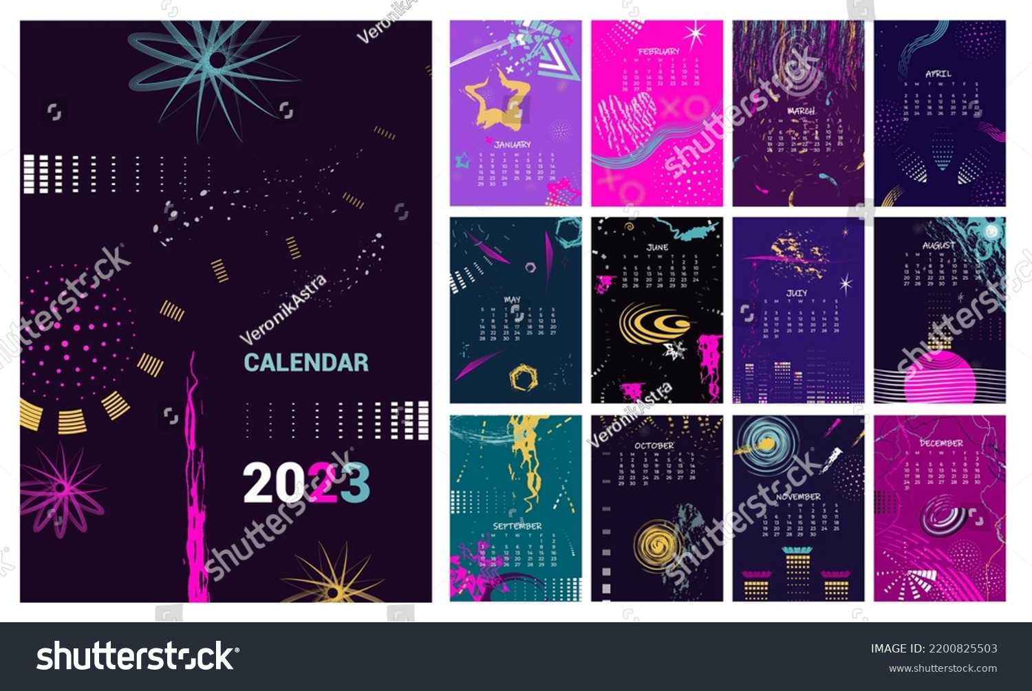 Bright Calendar 2023 Abstract Futurism Monthly Stock Vector (Royalty