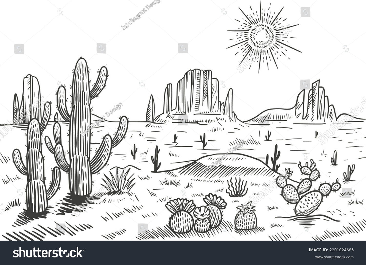 Desert Landscape Vector Illustration Hand Drawn Stock Vector (Royalty ...