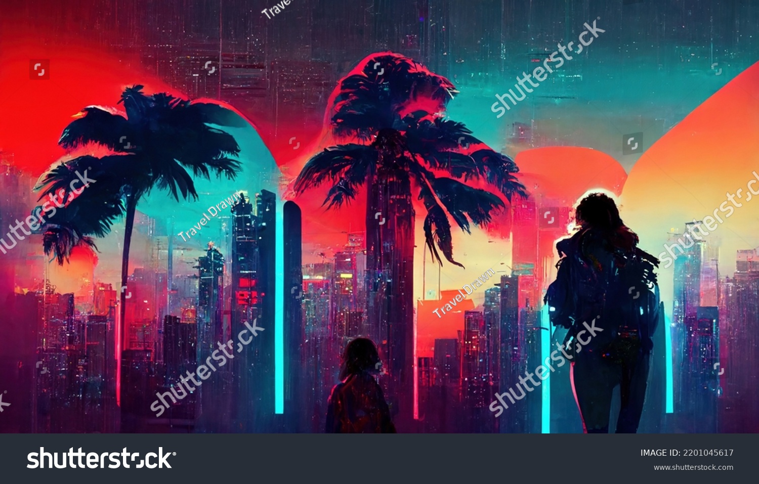 Retro Wave Synthwave Landscapesilhouette People Palm Stock Illustration ...