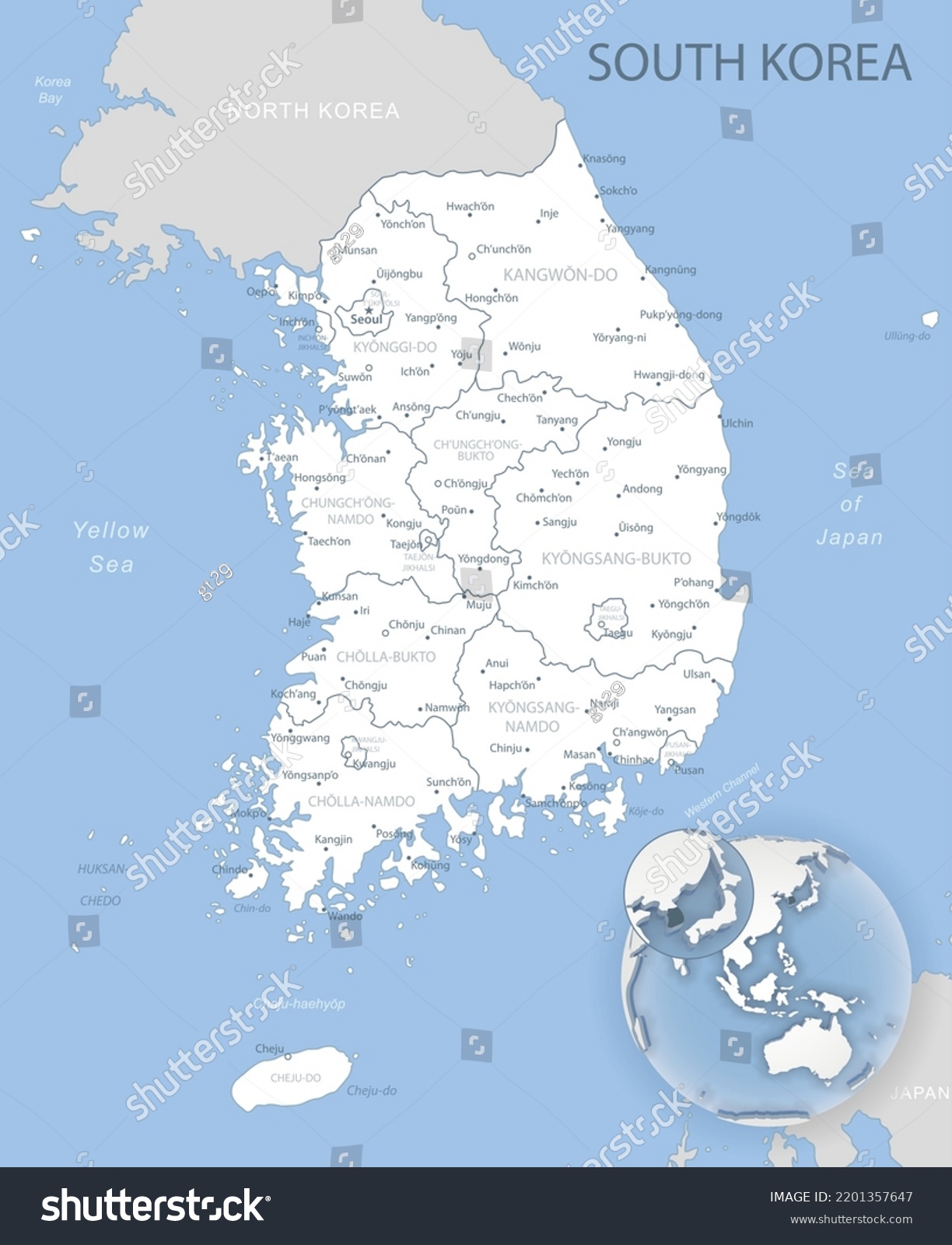 Bluegray Detailed Map South Korea Administrative Stock Vector (Royalty ...