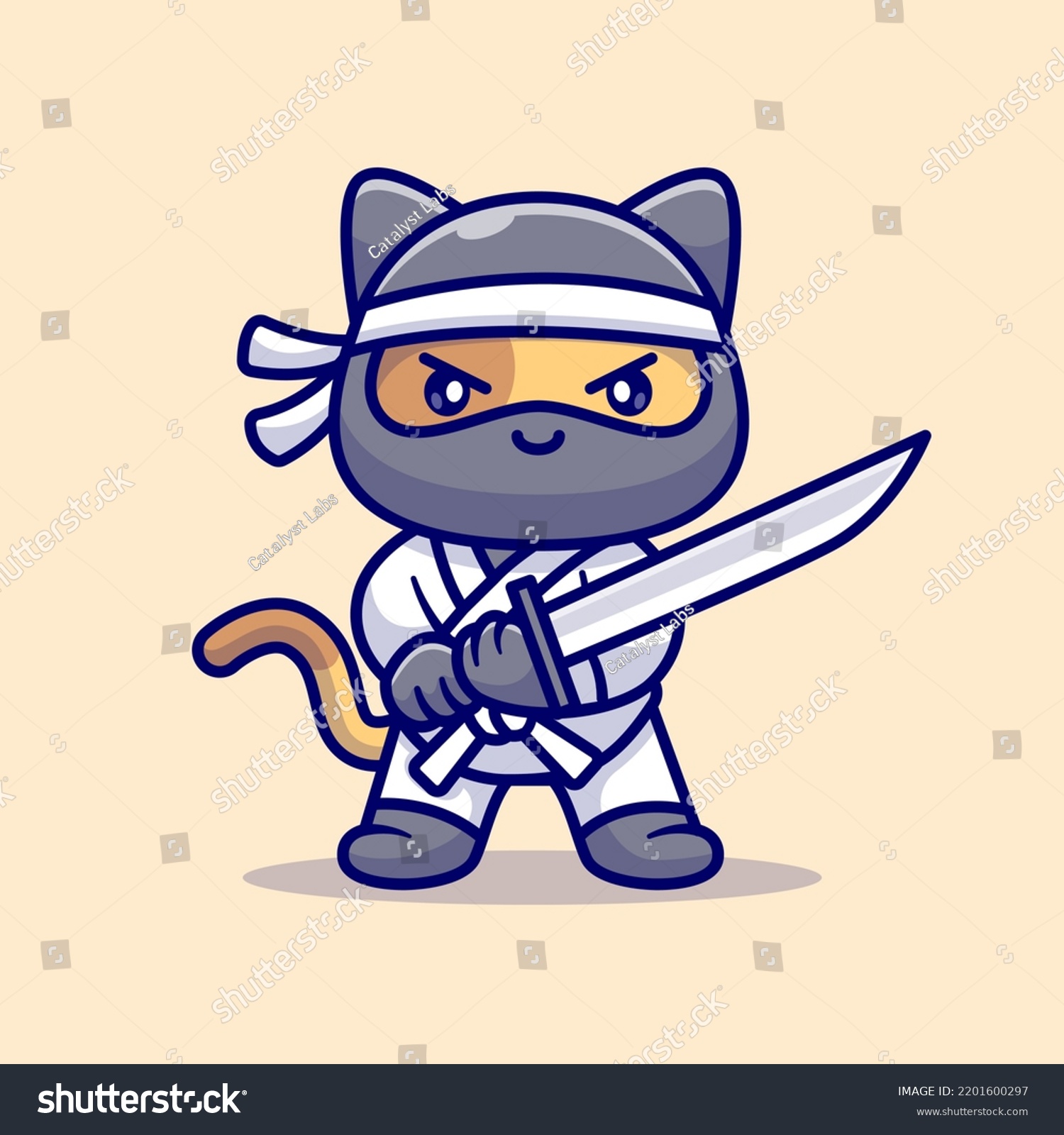 Cute Cat Ninja Holding Sword Cartoon Stock Vector (Royalty Free ...