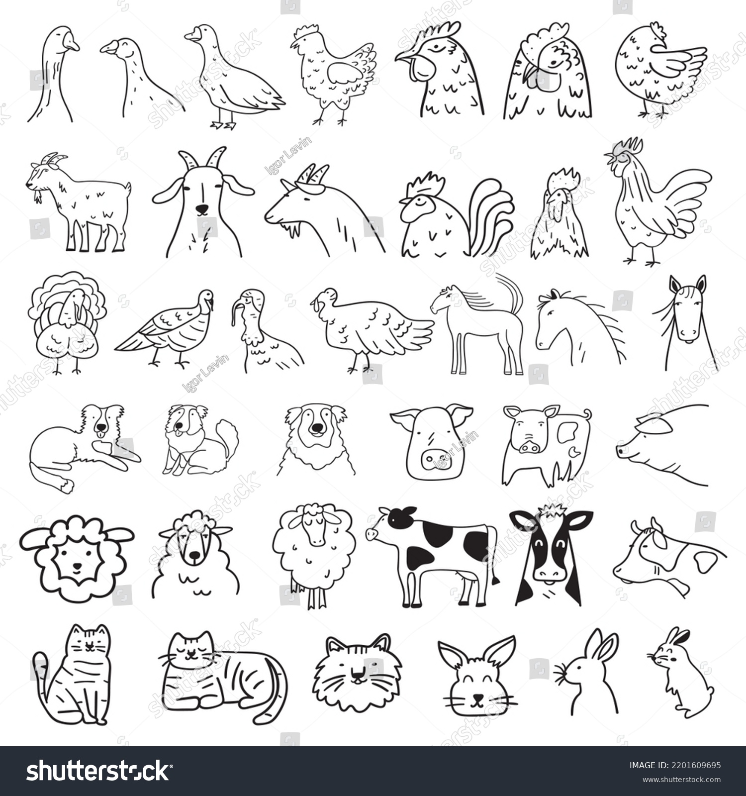 Big Collection Farm Animals Outline Hand Stock Vector (Royalty Free ...