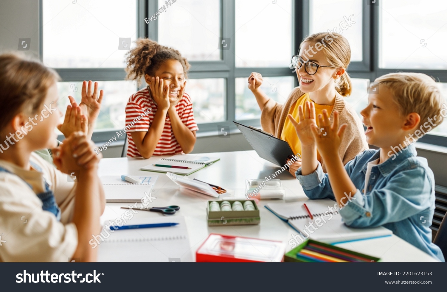 Happy Teacher Joyful School Kids Celebrate Stock Photo 2201623153 ...