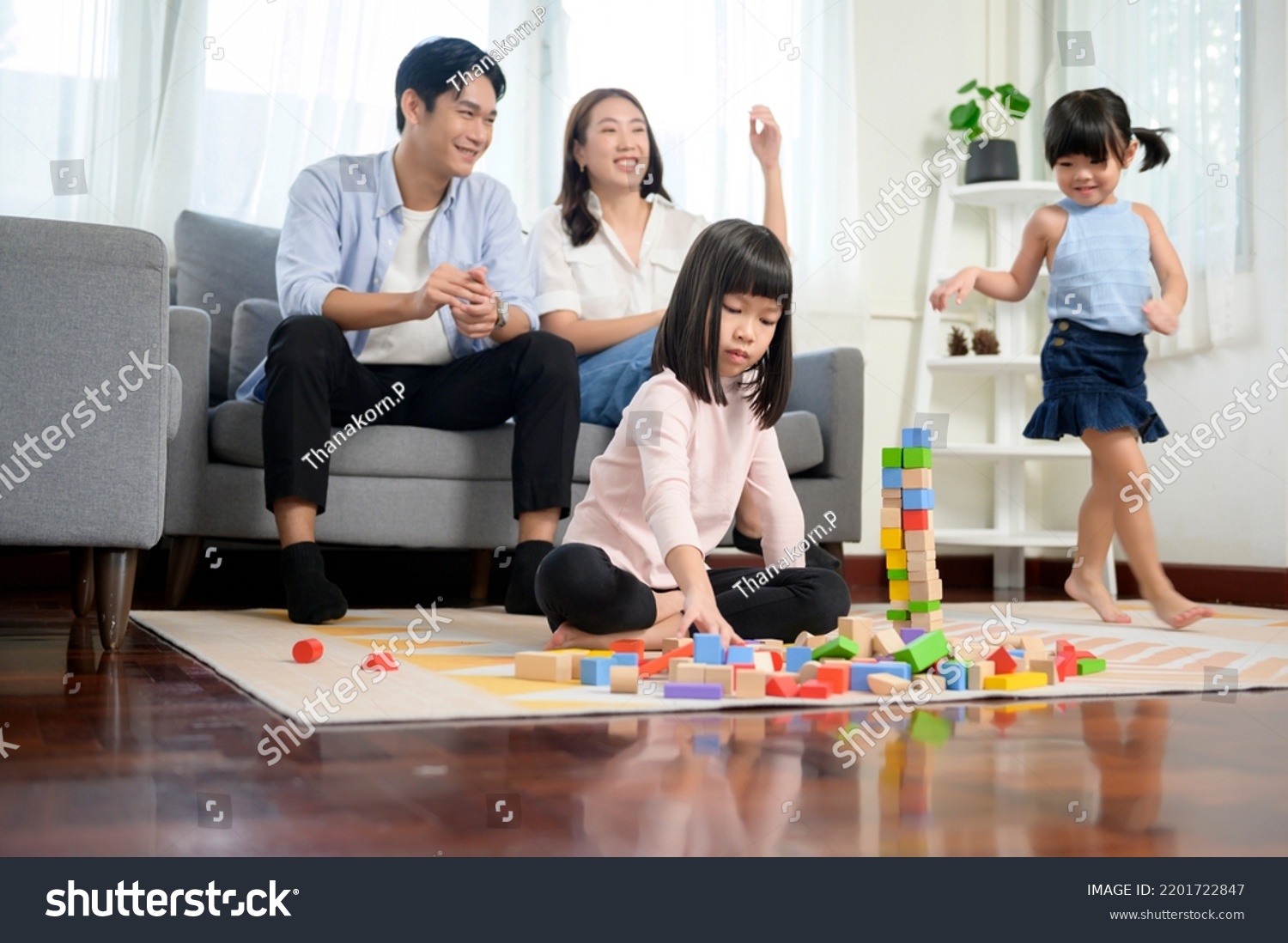 Asian Family Children Playing Building Tower Stock Photo 2201722847 ...