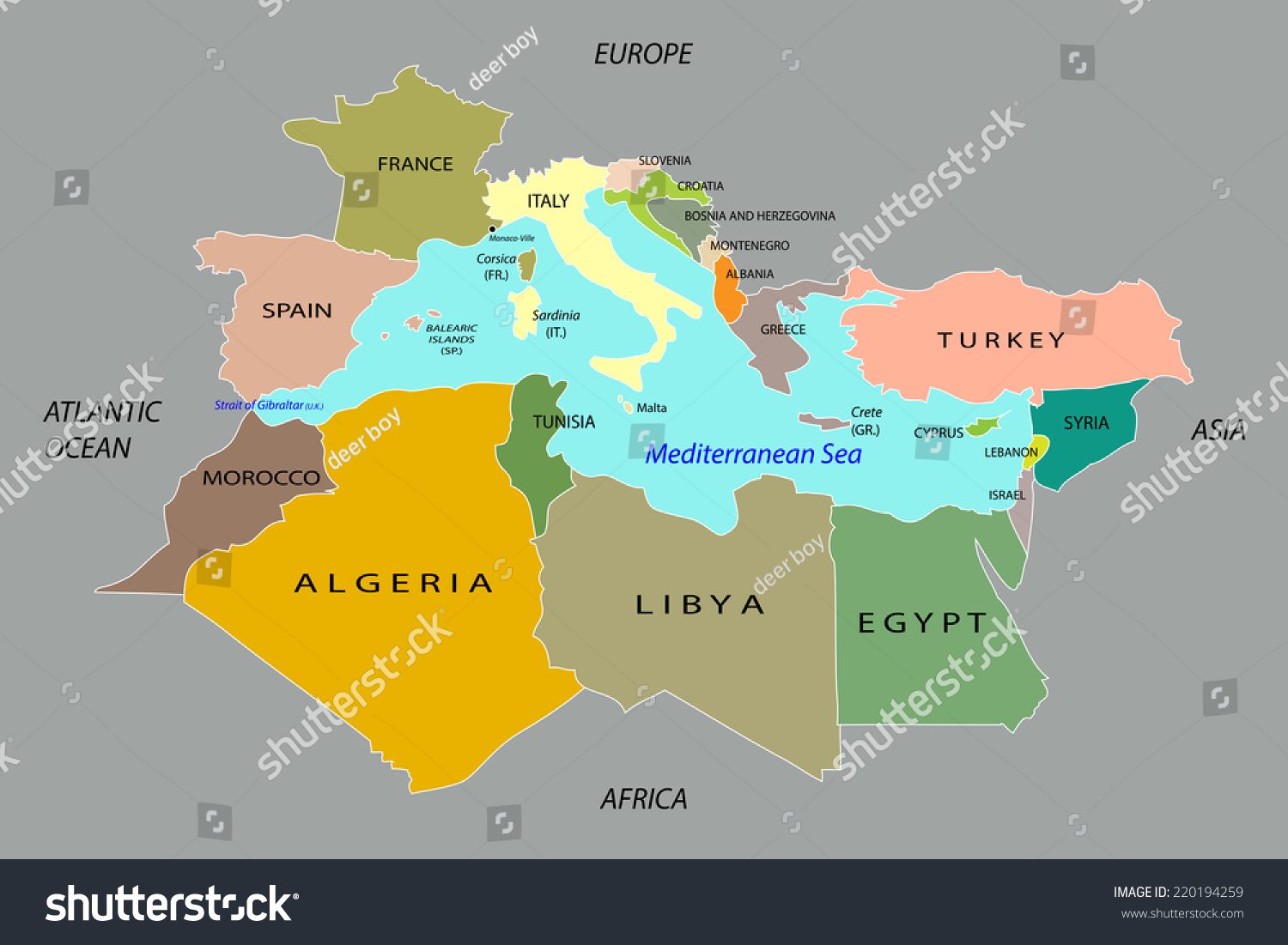 Countries On The Mediterranean Sea Countries Surrounding Mediterranean Sea Vector Illustration Stock Vector  (Royalty Free) 220194259 | Shutterstock