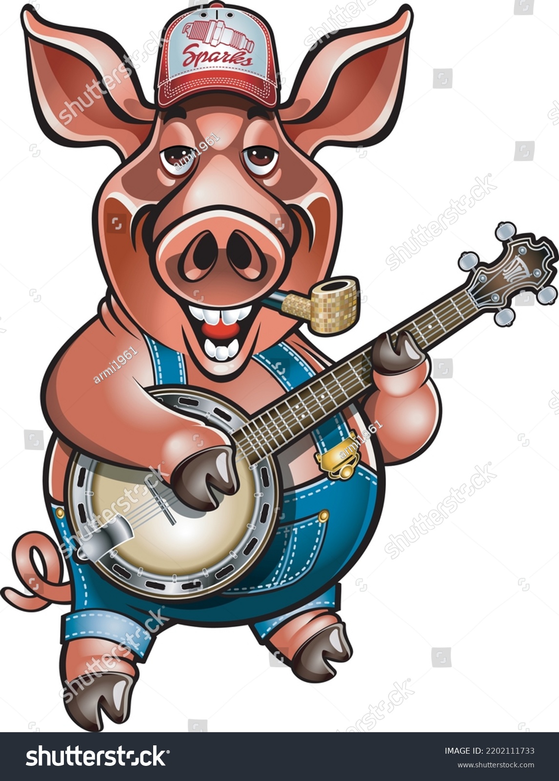 Cartoon Style Pig Overalls Playing Banjo Stock Vector (Royalty Free