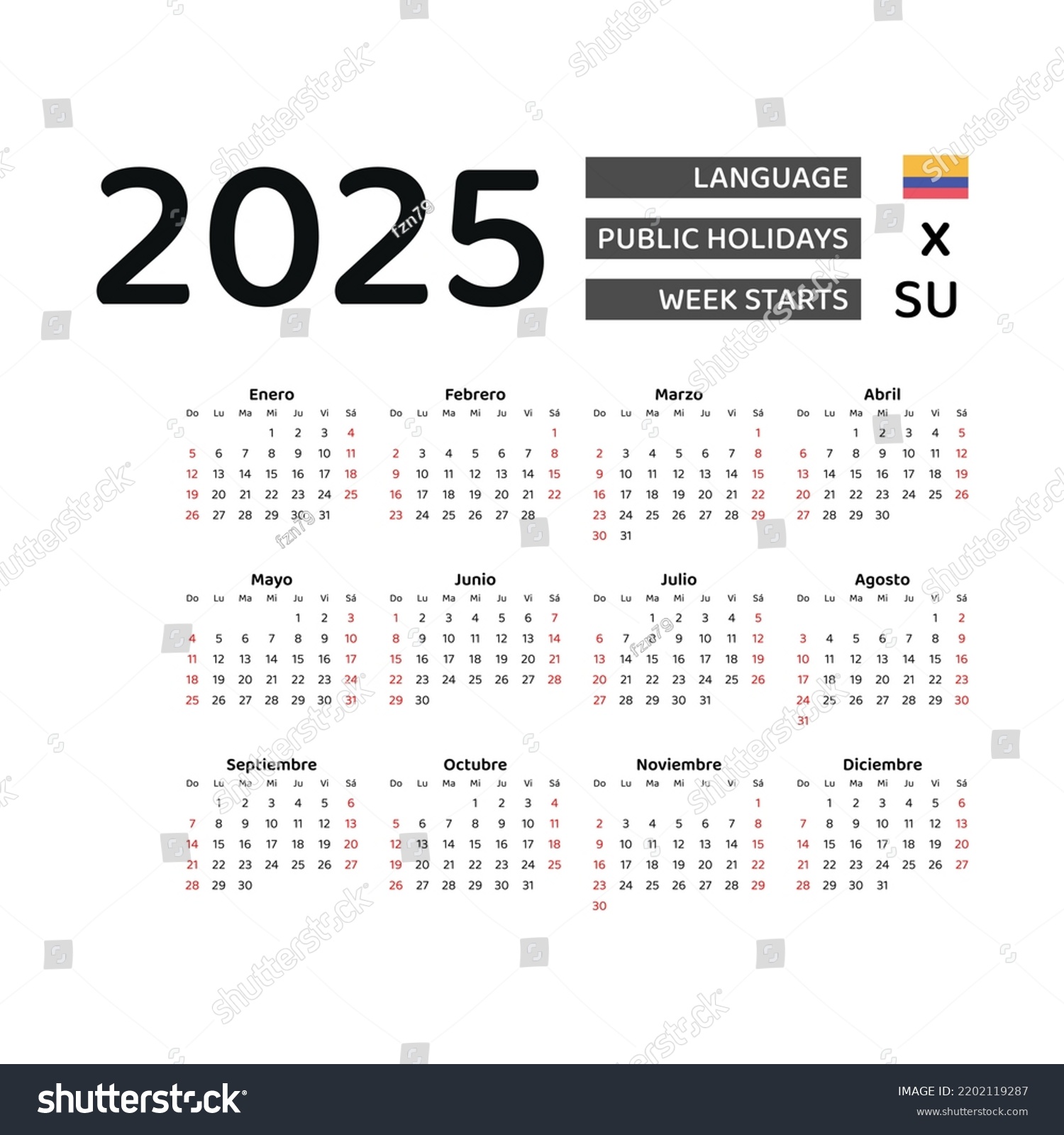 Colombia Calendar 2025 Week Starts Sunday Stock Vector (Royalty Free