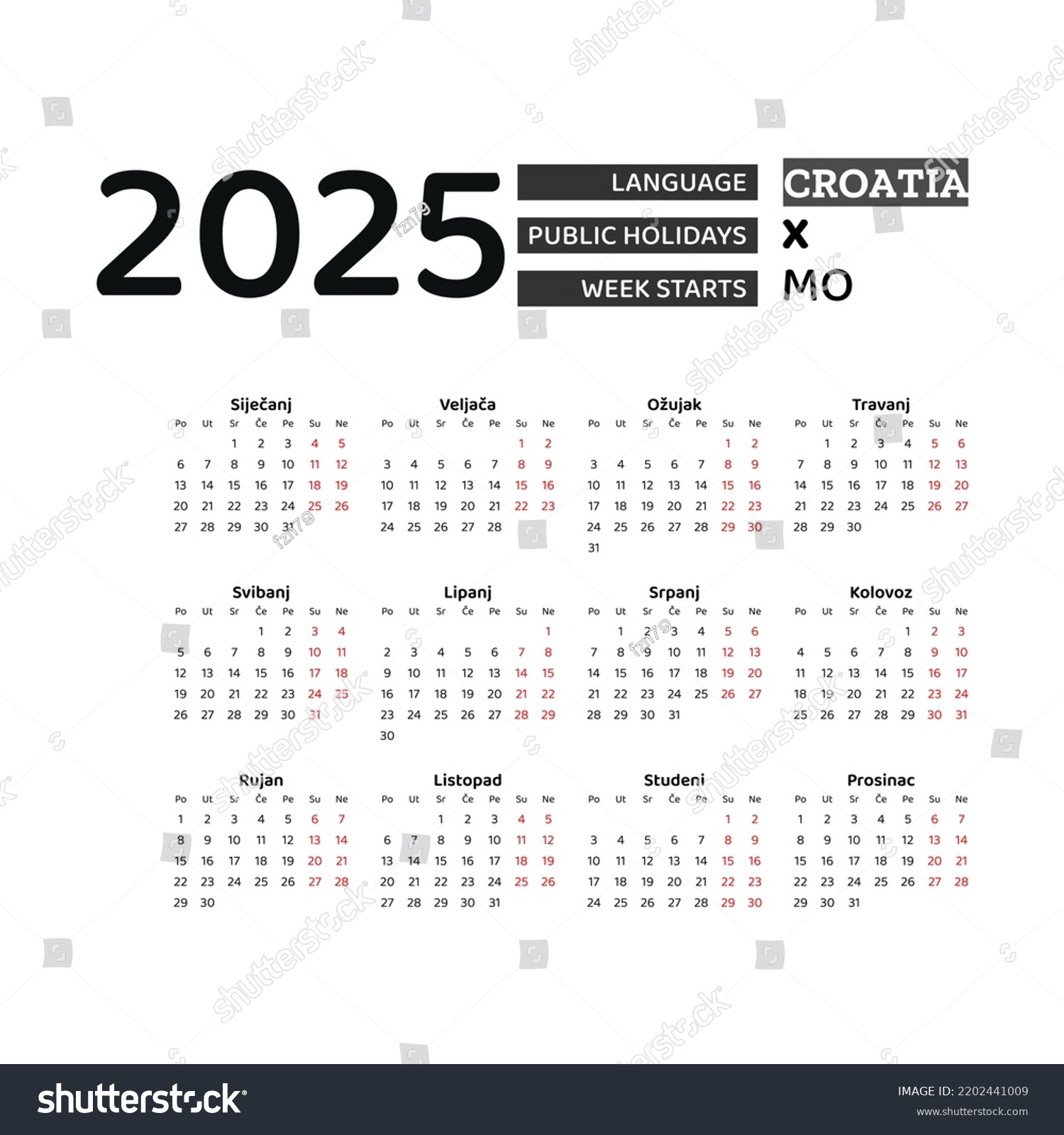 Croatia Calendar 2025 Week Starts Monday Stock Vector (Royalty Free