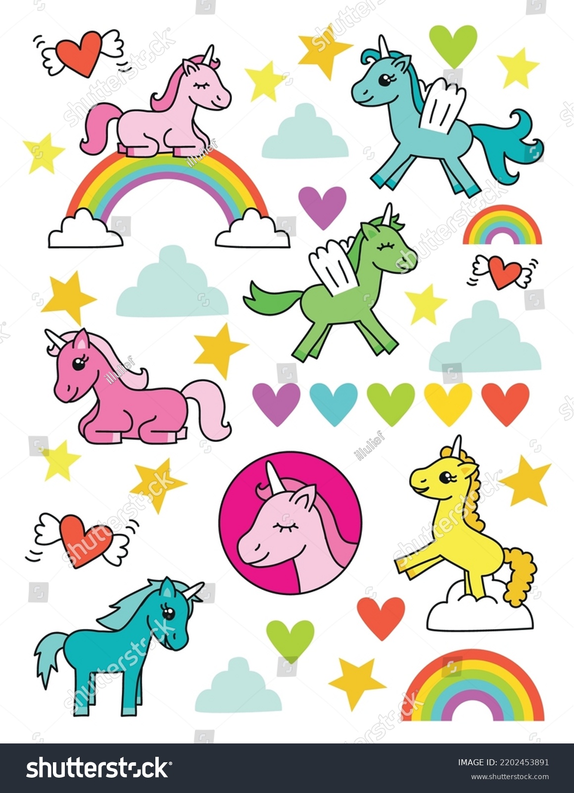 Unicorns Clouds Rainbows Vector Illustration Set Stock Vector (Royalty ...