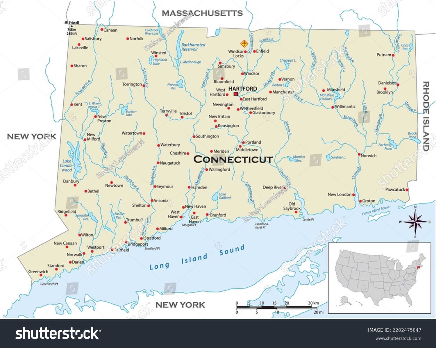 Highly Detailed Physical Map Us State Stock Vector Royalty Free   Stock Vector Highly Detailed Physical Map Of The Us State Of Connecticut 2202475847 