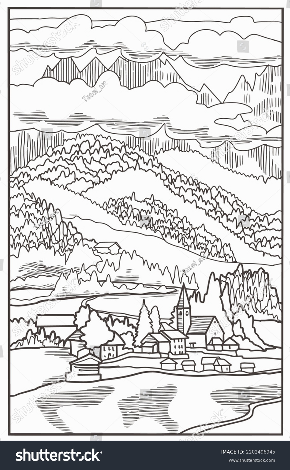 Coloring Book Lovely Landscapemountains Village Valley Stock Vector ...