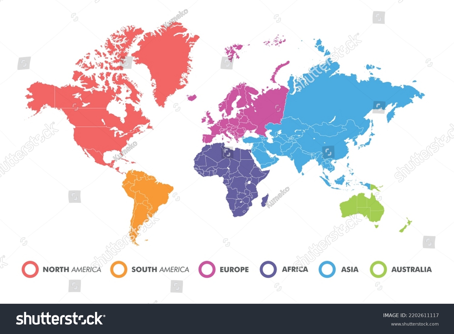 World Map Divided Into Six Continents Stock Vector (Royalty Free ...