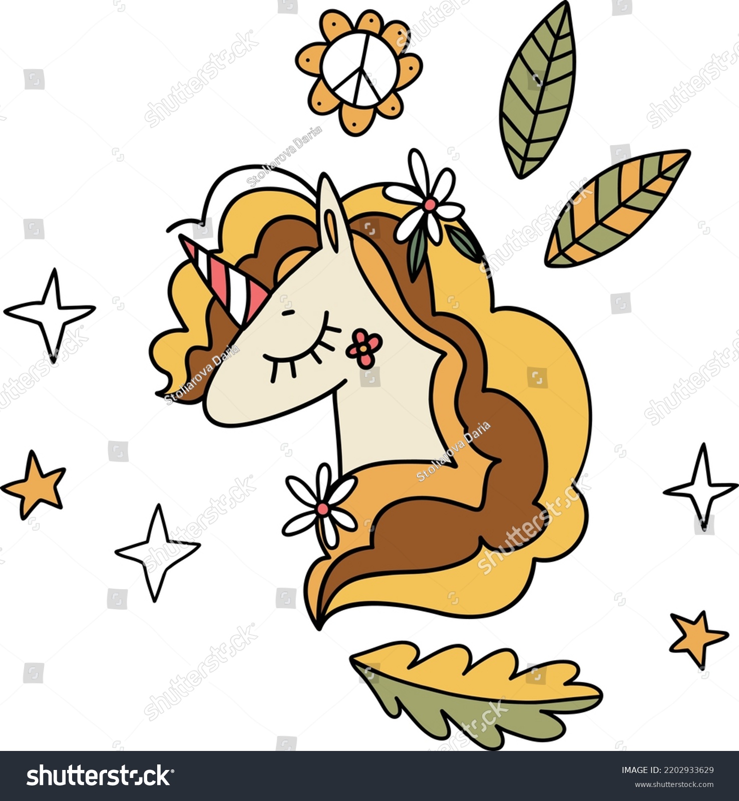 Groovy Style Cute Unicorn Hippie Design Stock Vector (Royalty Free ...