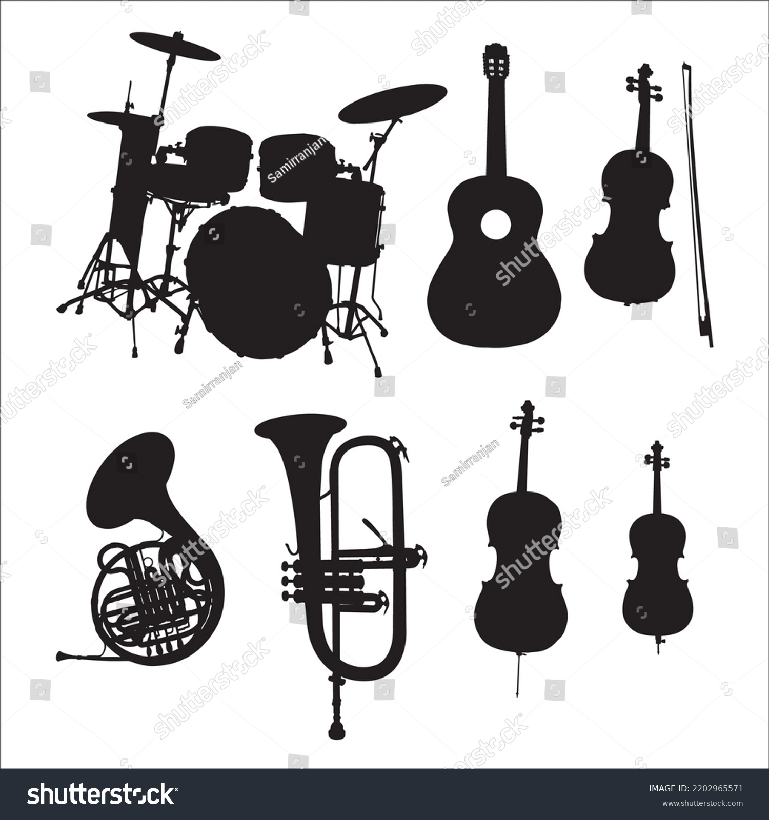 Vector Set Musical Instruments Silhouettes Illustration Stock Vector Royalty Free 2202965571