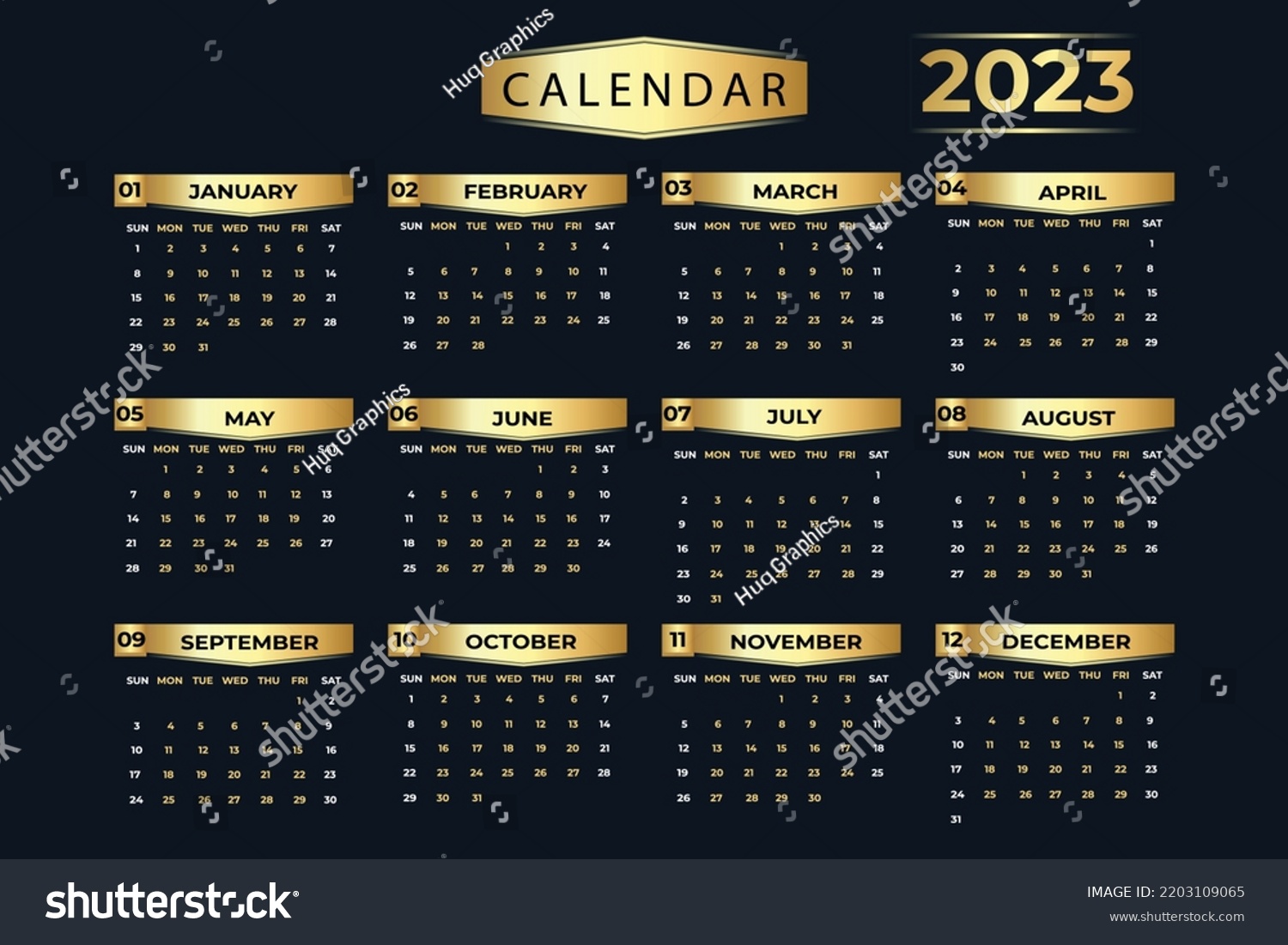 Elegant Golden Colored Yearly Calendar Year Stock Vector (Royalty Free ...