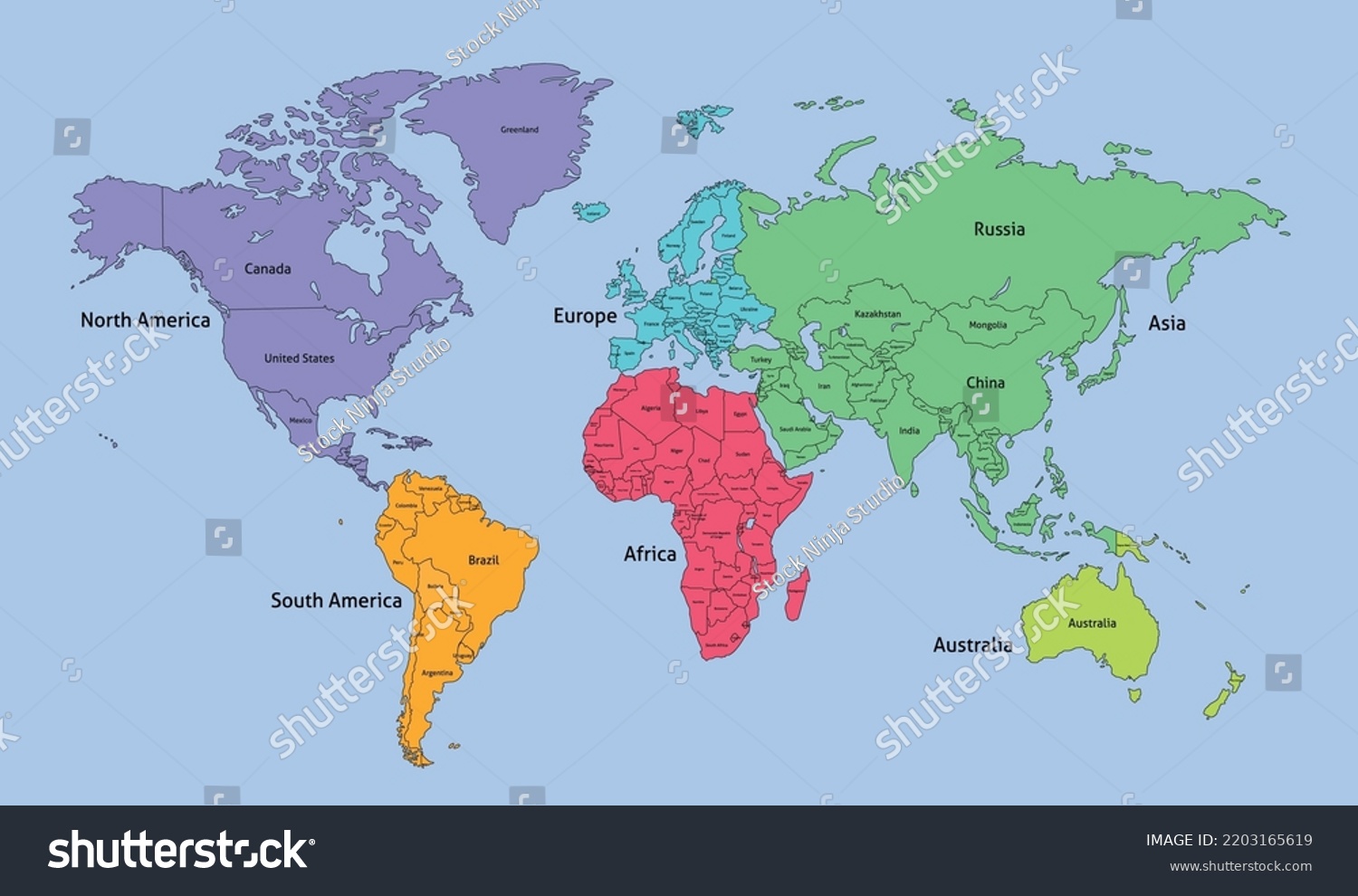 World Map Divided Into Six Continents Stock Vector Royalty Free 2203165619 Shutterstock 5190