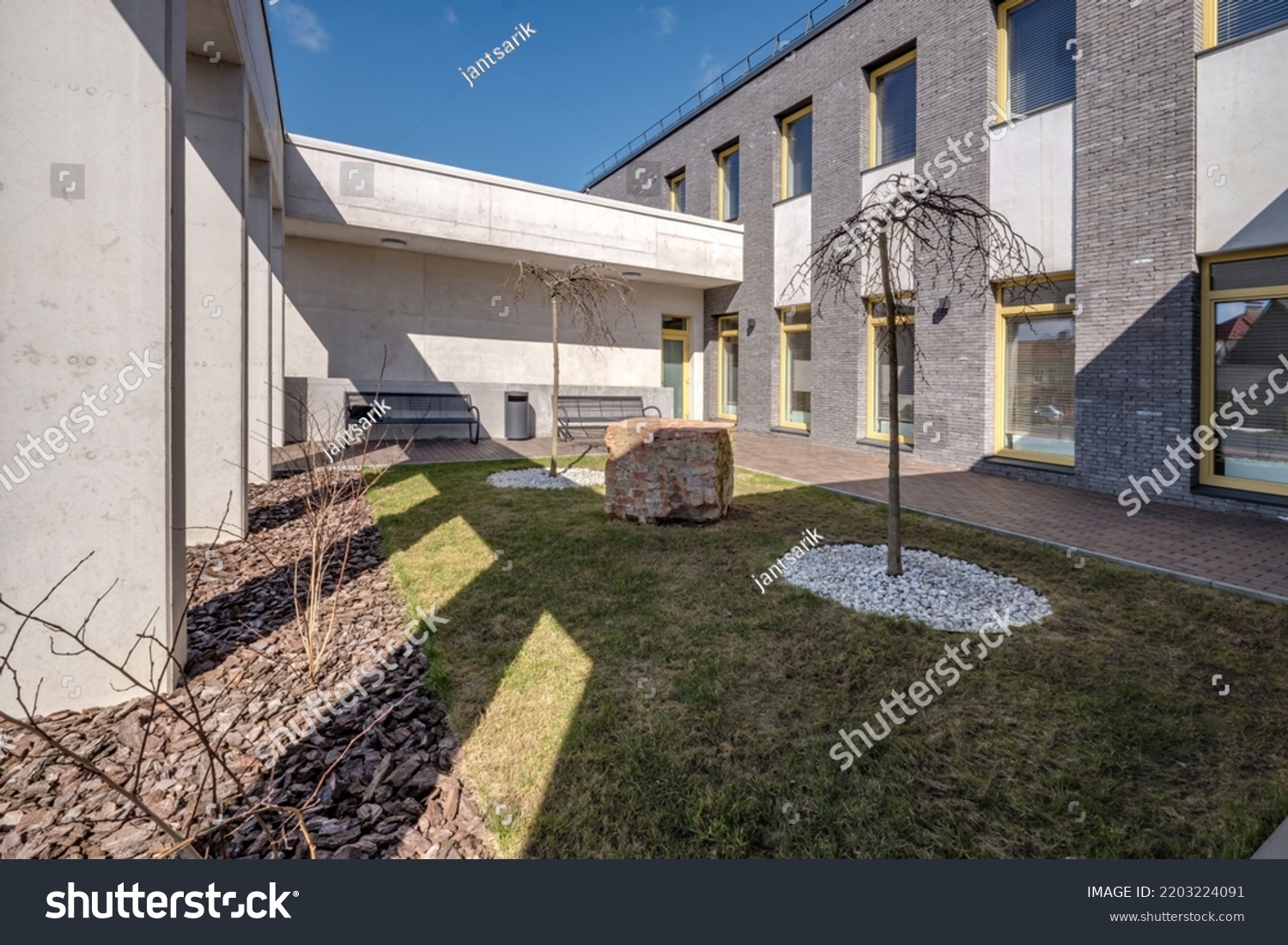 Modern Gray Walls Office Building Scandinavian Stock Photo 2203224091   Stock Photo Modern Gray Walls Office Building With Scandinavian Style Columns 2203224091 