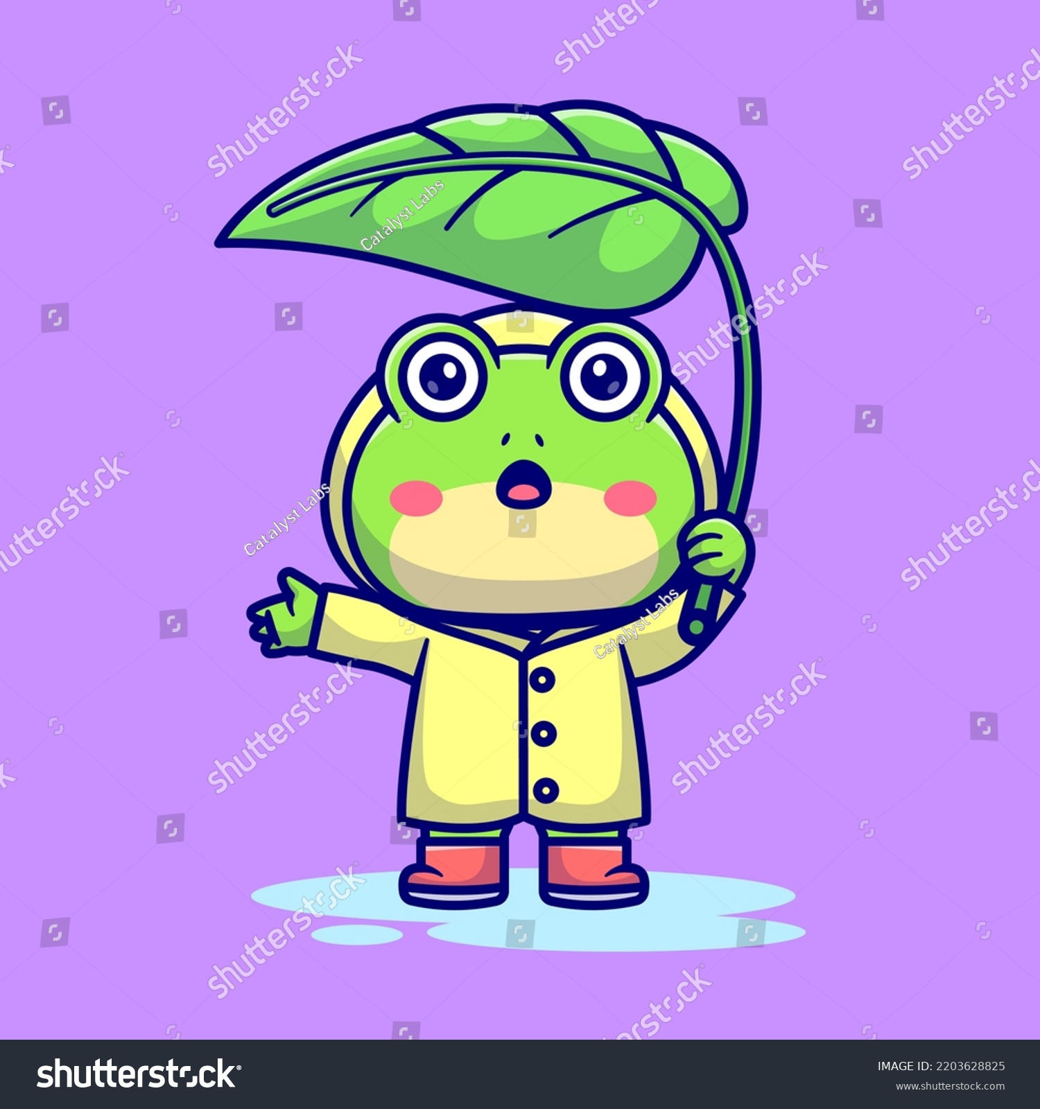 Cute Frog Wearing Raincoat Holding Leaf Stock Vector (Royalty Free ...