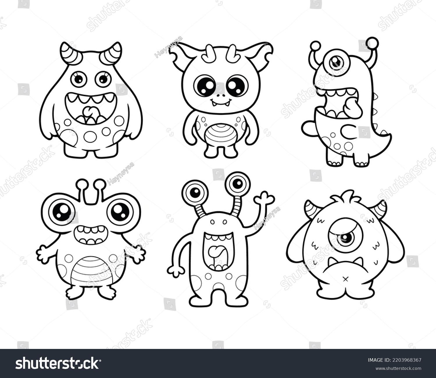 Set Cute Monsters Character Printable Coloring Stock Vector (Royalty ...