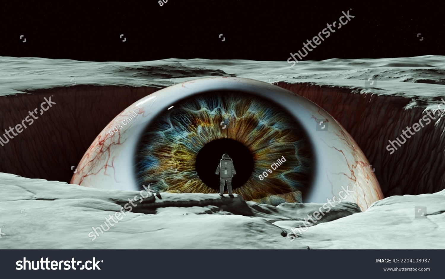 Giant Eyeball Looking On Moon Astronaut Stock Illustration 2204108937