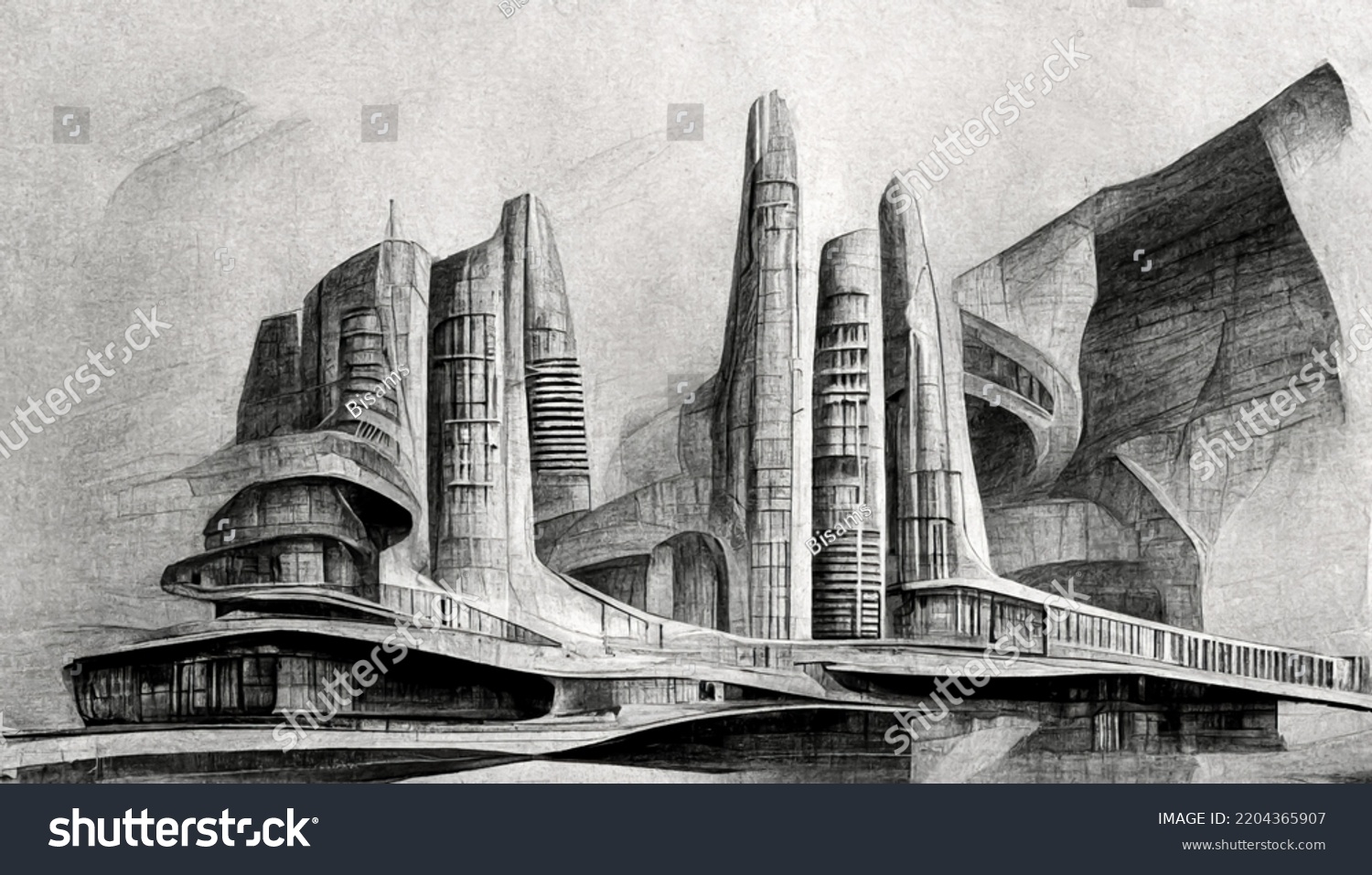 Futuristic Surreal Urban Modern Architecture Pencil Stock Illustration ...