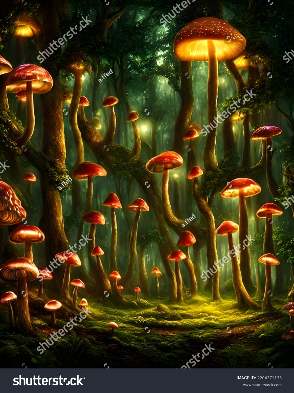 Enchanted Forest Night Illuminated By Glowing Stock Illustration ...