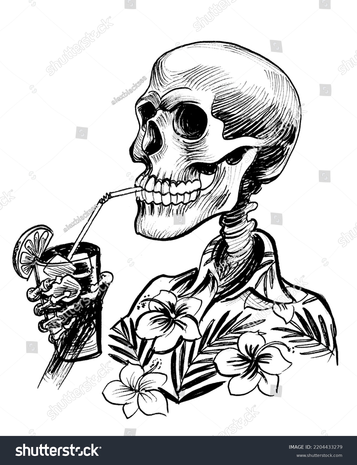 Human Skeleton Drinking Cocktail Ink Black Stock Illustration