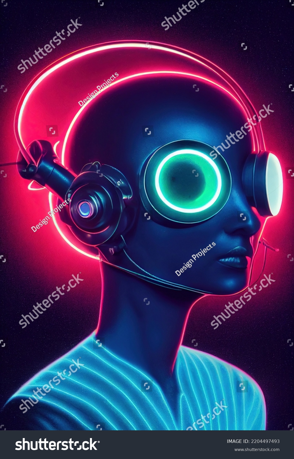 Realistic Portrait Scifi Cyberpunk Neon Girl Stock Illustration