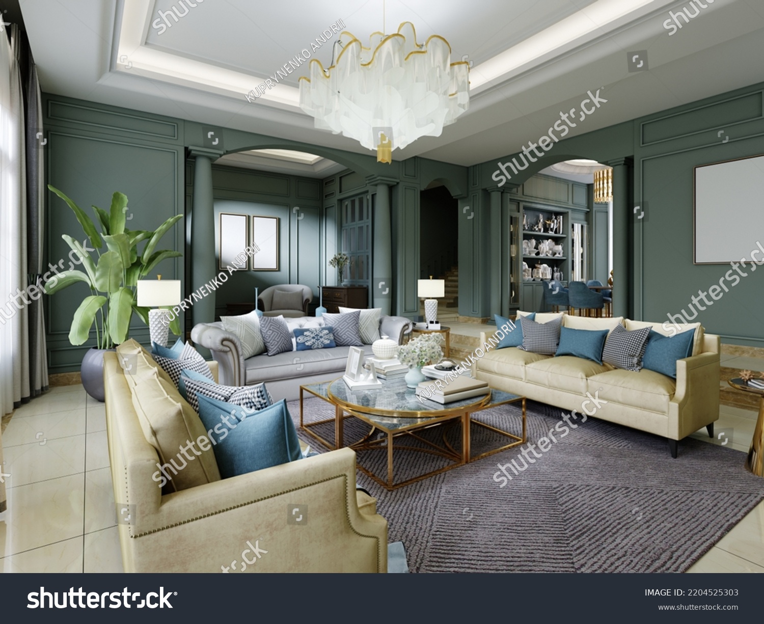 Living Room Dark Green Walls Columns Stock Illustration 2204525303   Stock Photo Living Room With Dark Green Walls And Columns With Yellow Sofas Seating Area With Tv D Rendering 2204525303 