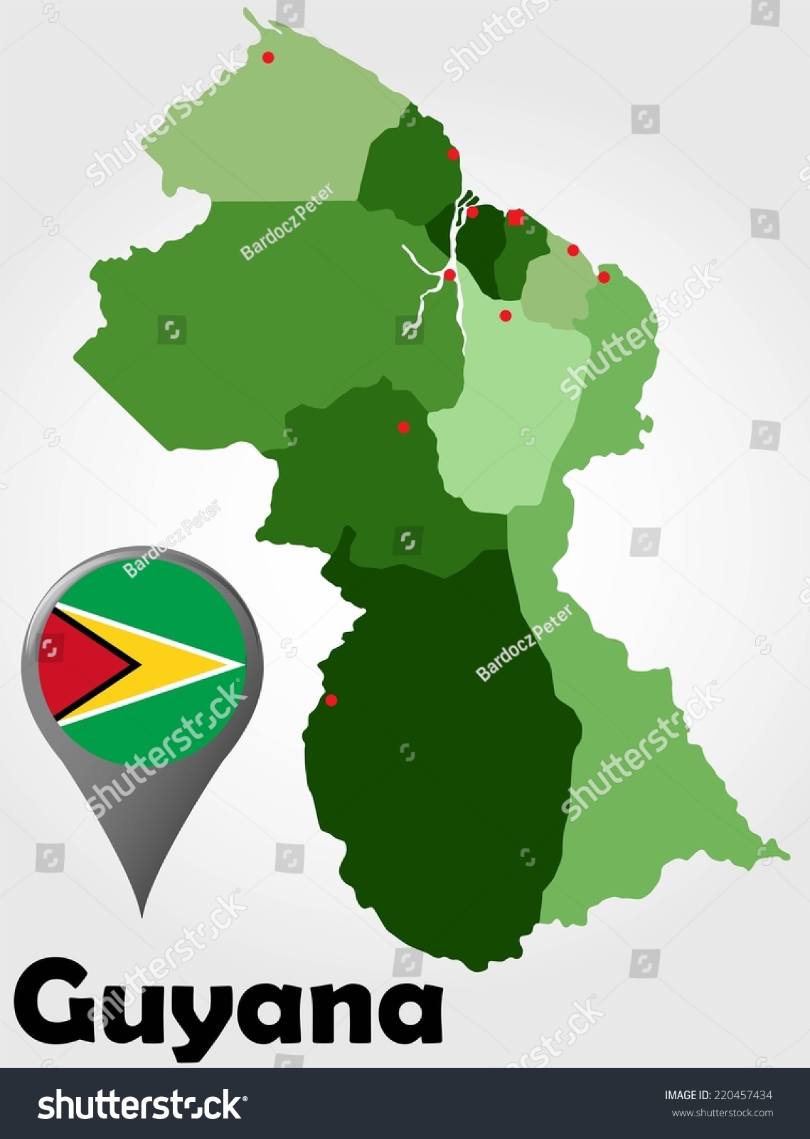 Guyana Political Map Green Shades Map Stock Vector Royalty Free   Stock Vector Guyana Political Map With Green Shades And Map Pointer 220457434 