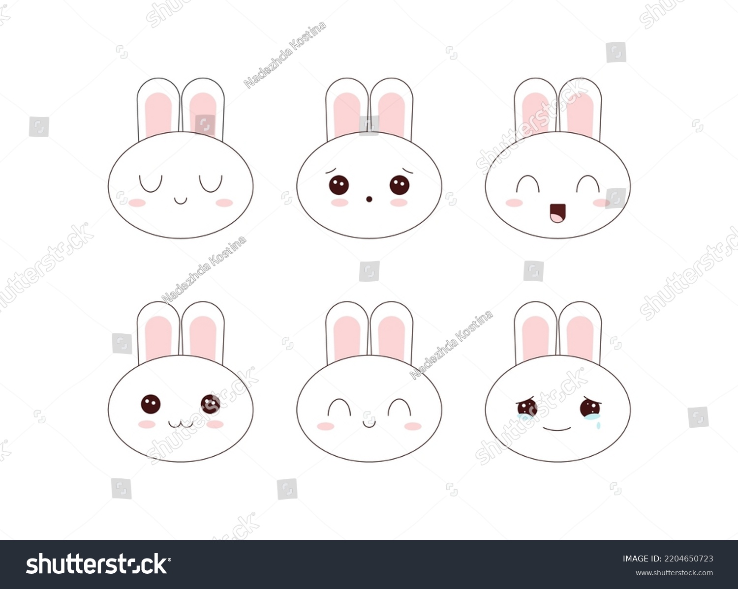 Cute Kawaii Bunnies Different Expressions Rabbit Stock Vector (Royalty ...