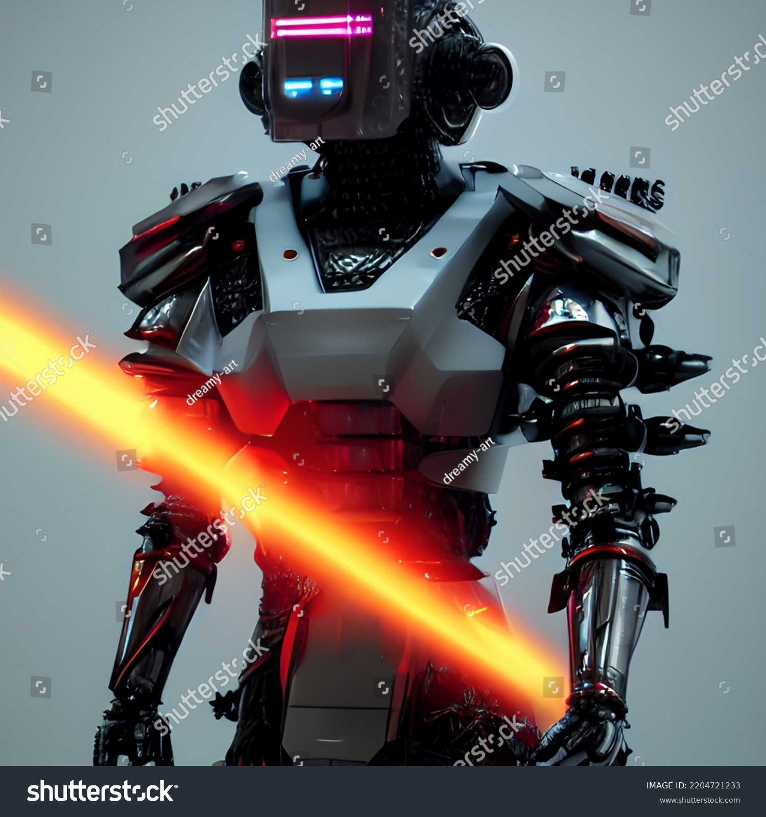 Hightech Cyberpunk Robot Stands Middle Dark Stock Illustration