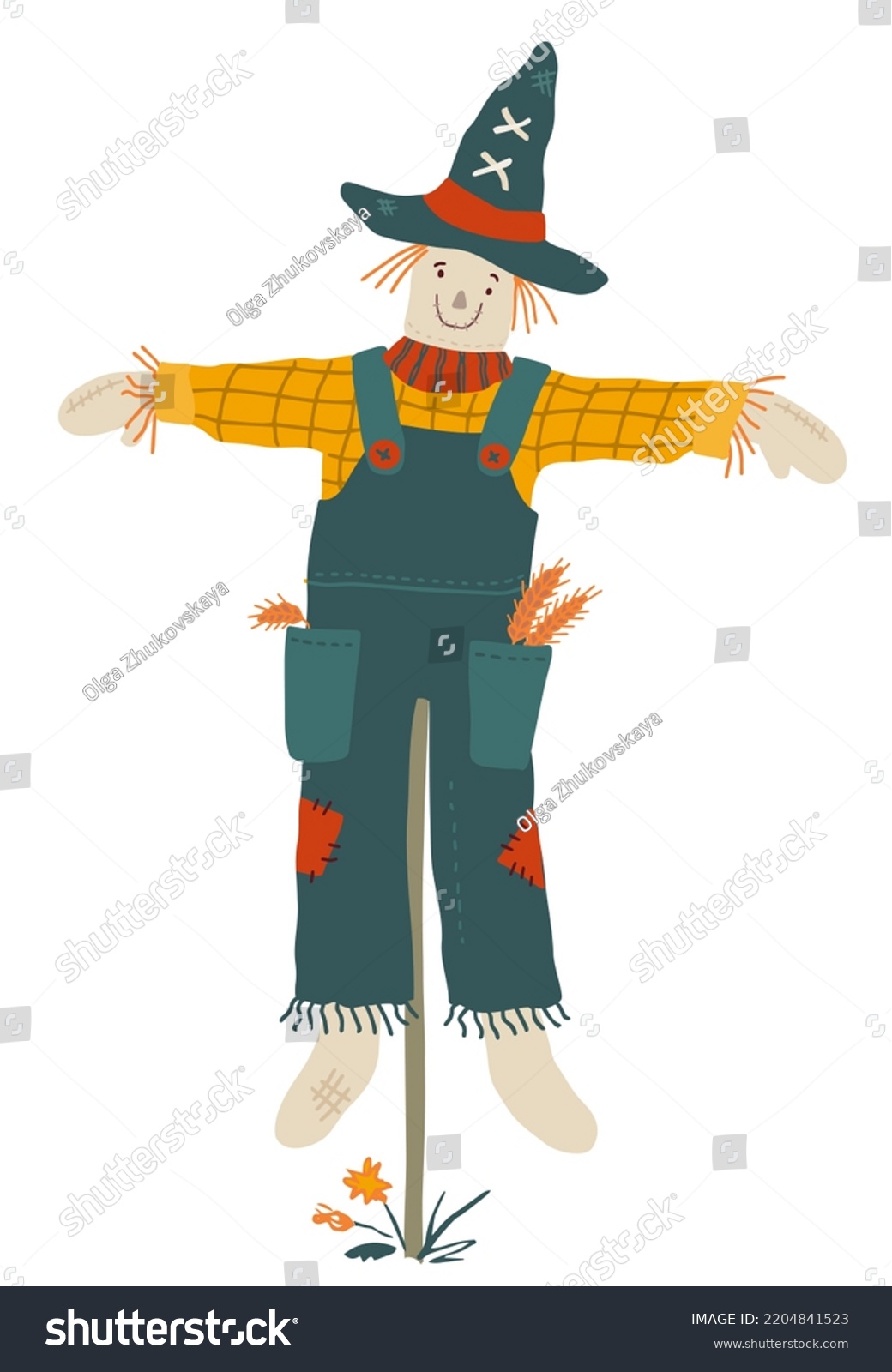 Cute Scarecrow On Pole Hand Drawn Stock Vector (Royalty Free ...