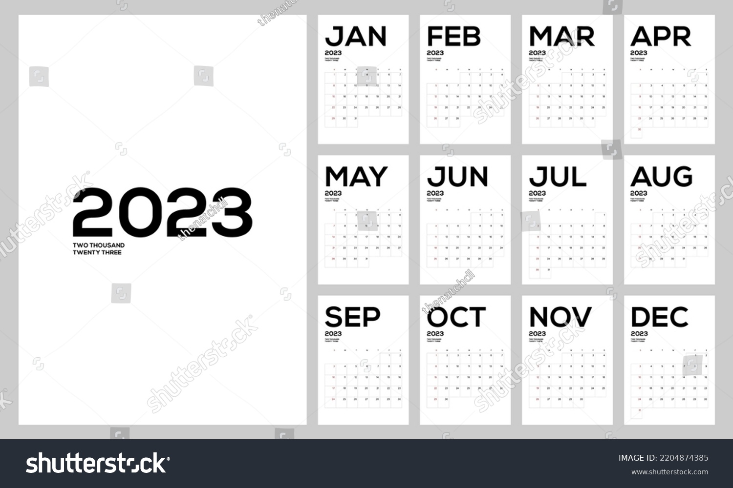 2023 Printable Monthly Calendar Template Design Stock Vector (Royalty ...