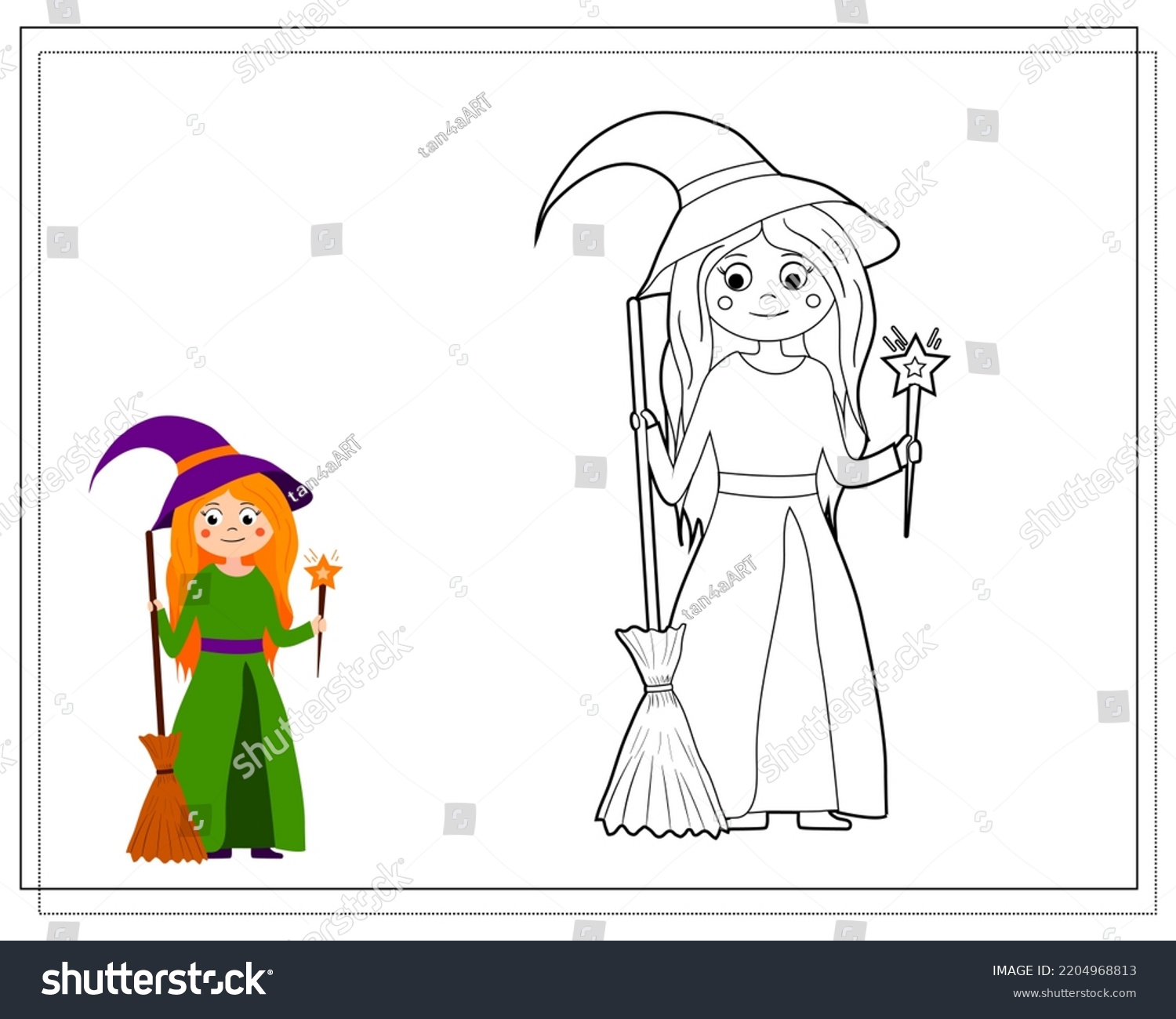 Coloring Book Kids Cartoon Witch Stands Stock Vector (Royalty Free ...