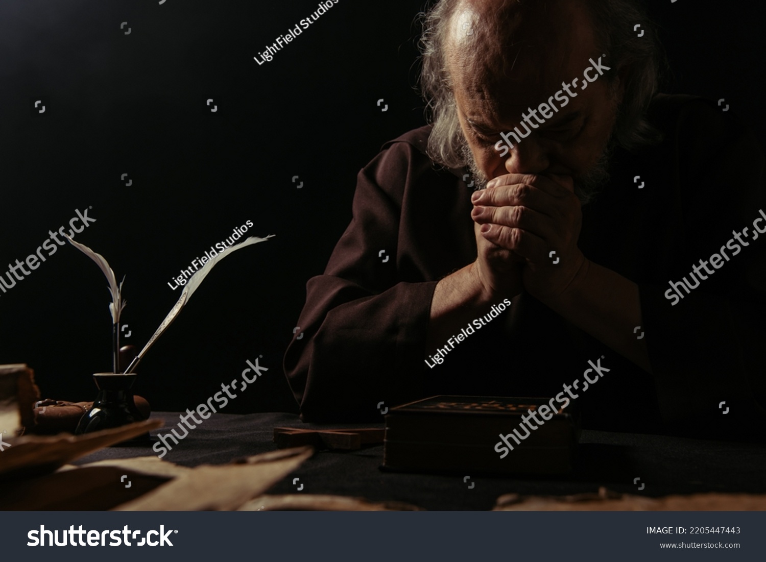 Medieval Monk Praying Night Near Cross Stock Photo 2205447443 ...