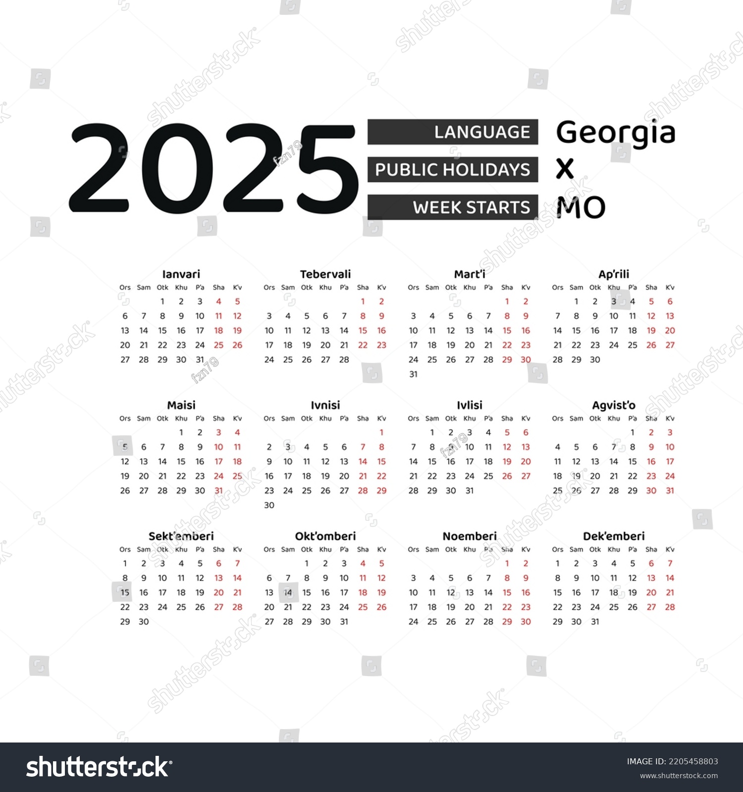 Calendar 2025 Week Starts Monday Stock Vector (Royalty Free