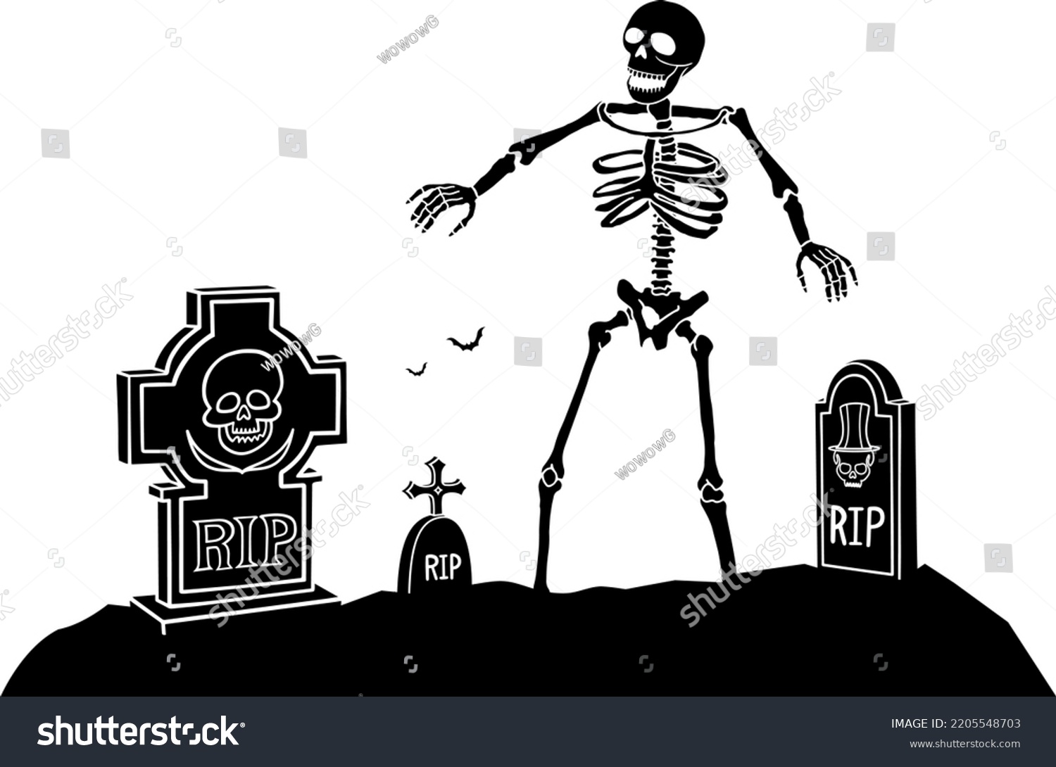 Creepy Cemetery Silhouette Skeleton Vector Illustration Stock Vector ...