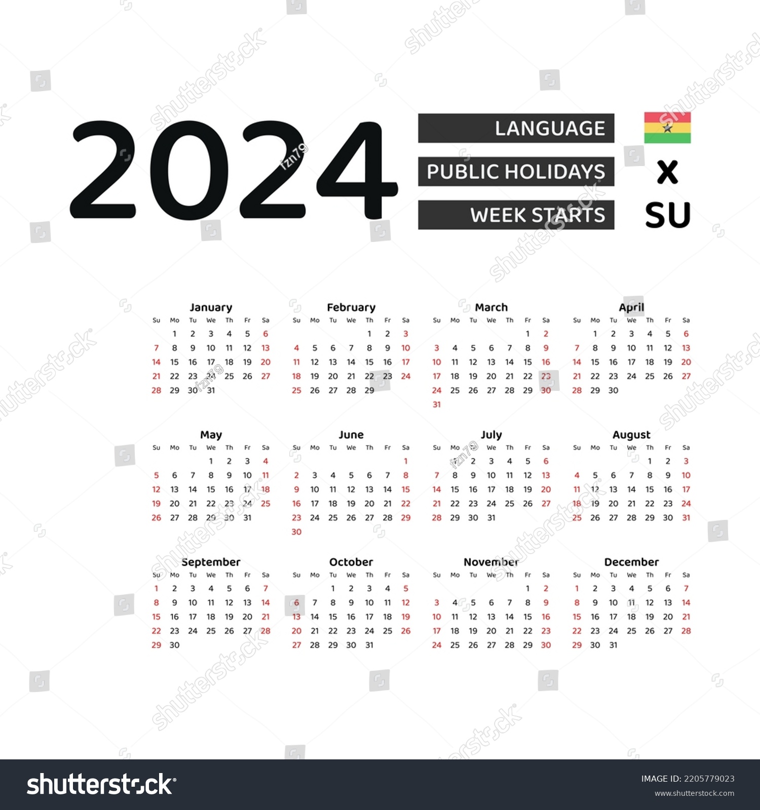 Ghana Calendar 2024 Week Starts Sunday เวกเตอร์สต็อก (ปลอดค่าลิขสิทธิ์