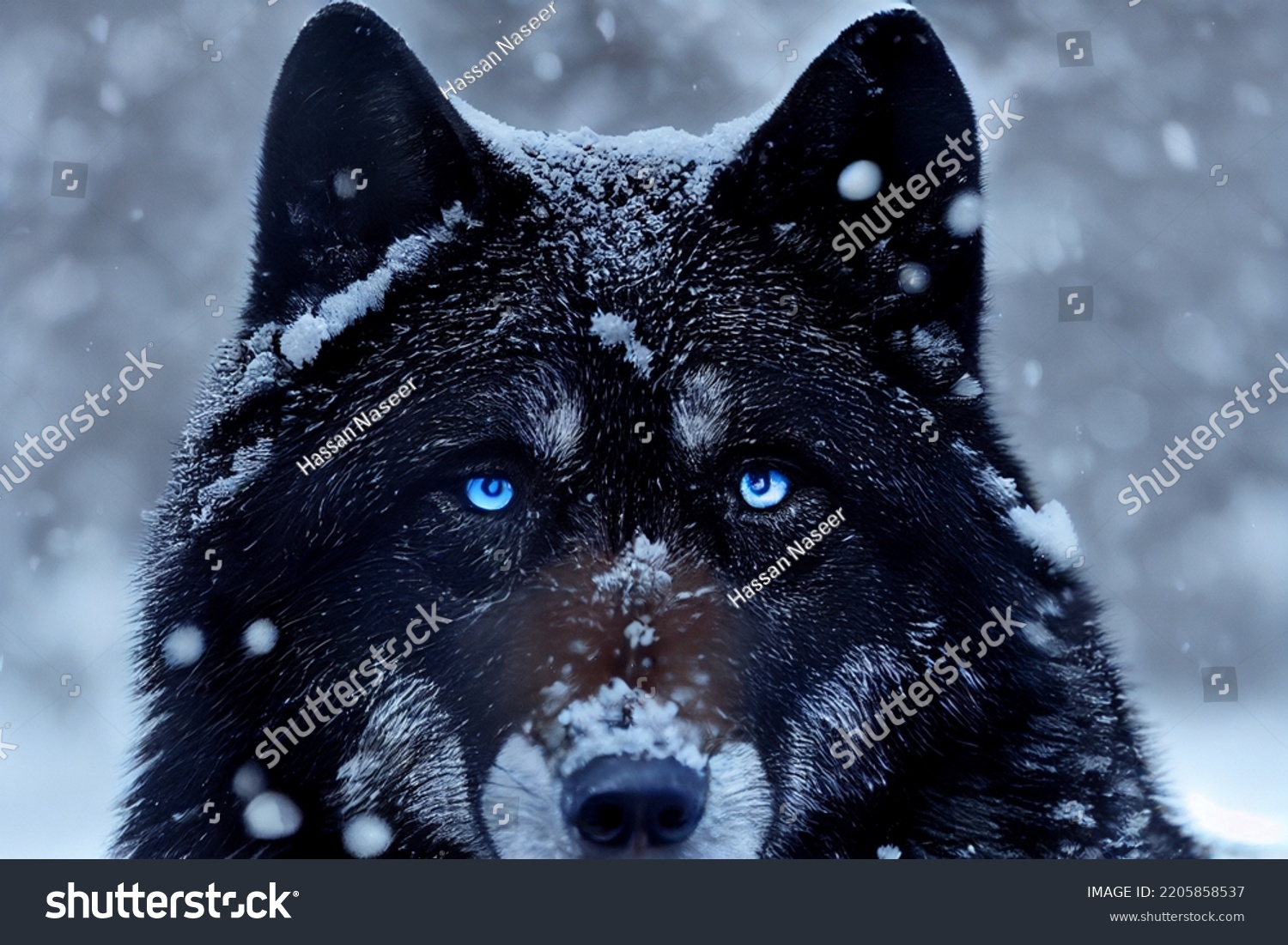 Black Wolf Blue Eyes Looking Camera Stock Illustration 2205858537