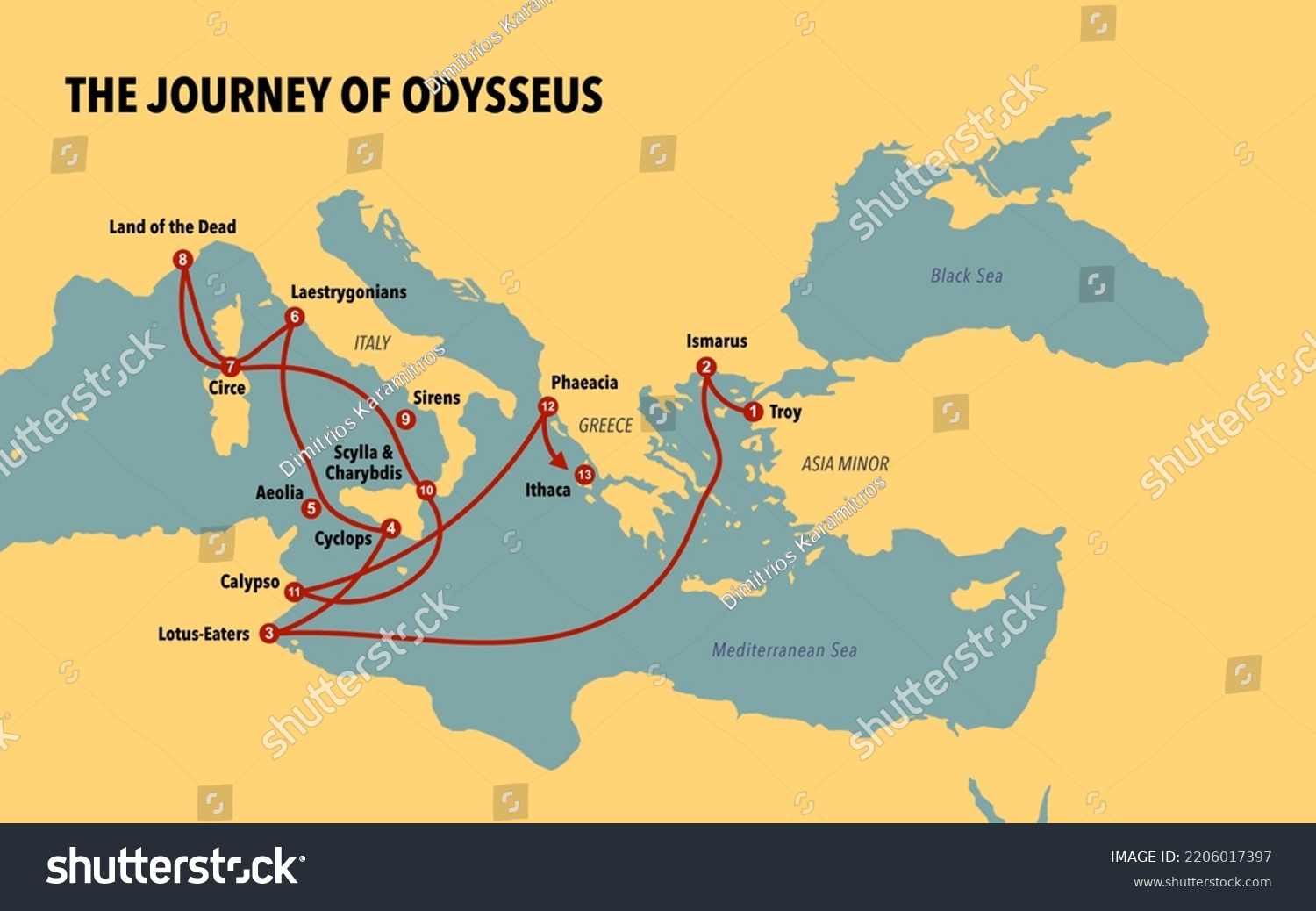 Stock Photo Map With The Journey Of Odysseus 2206017397 
