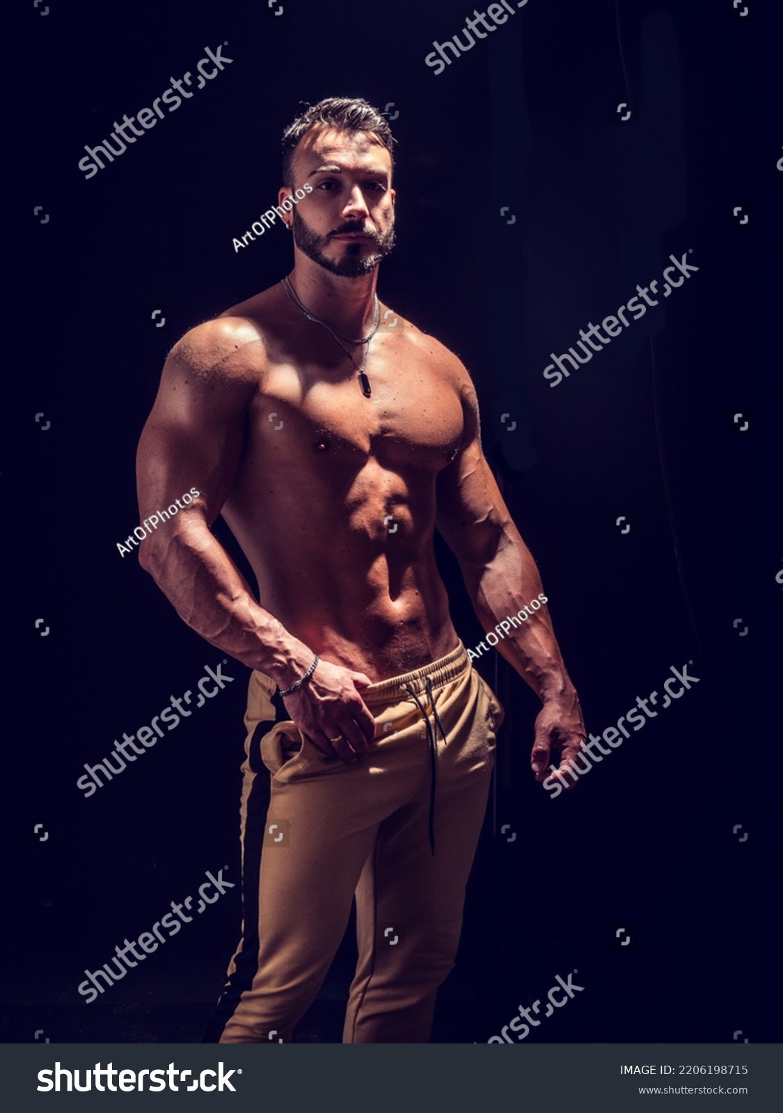 Shirtless Muscular Male Bodybuilder Studio Shot Stock Photo 2206198715