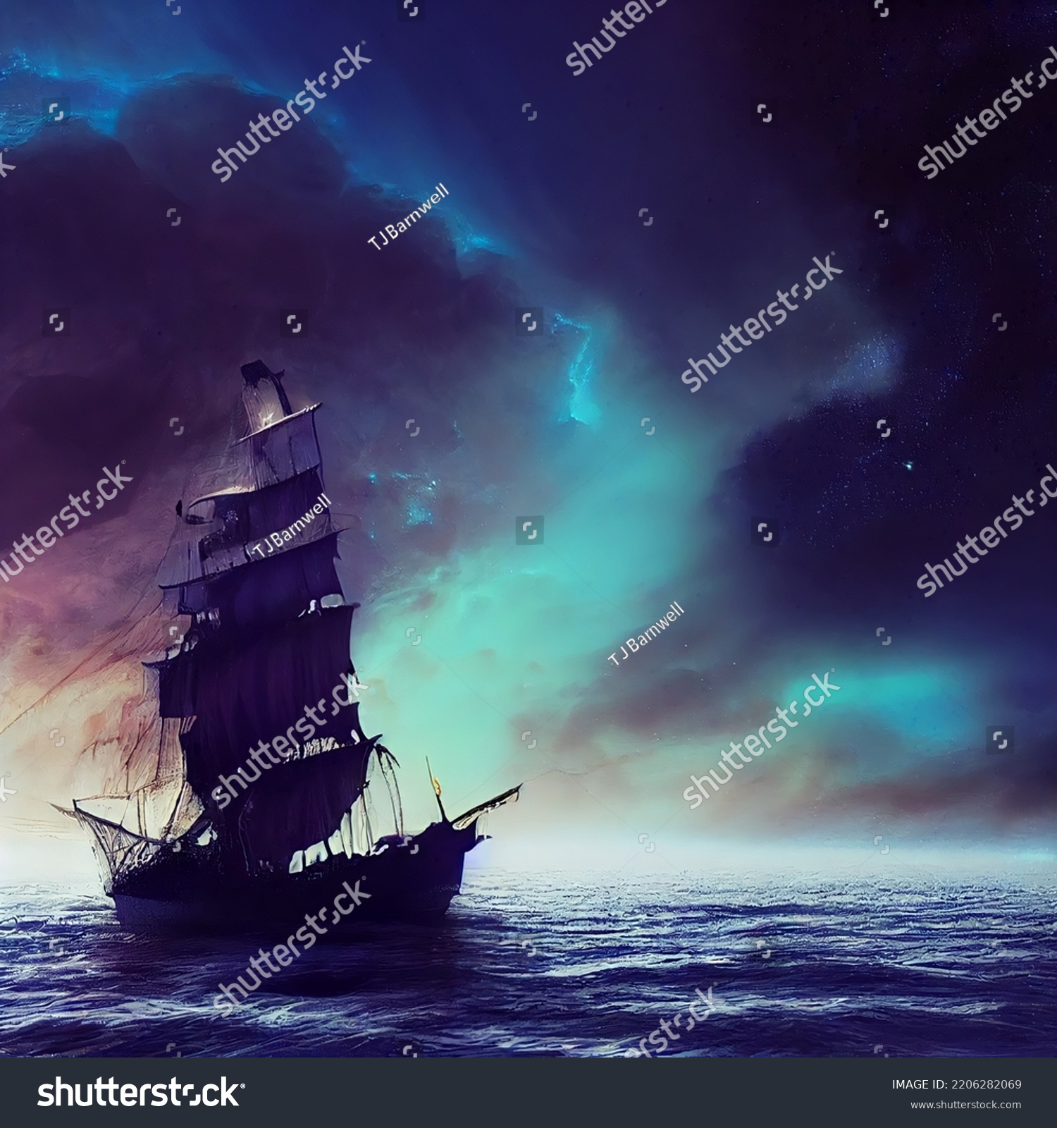 Ghost Ship Sailing Under Magical Aurora Stock Illustration 2206282069 ...