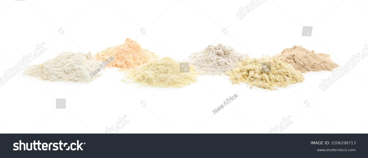Different Types Flours On White Background Stock Photo 2206298713 Different Types Flours On White Background Stock Photo 2206298713